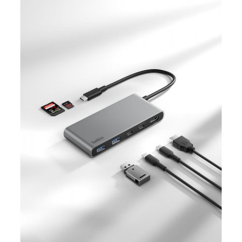 USB-хаб Belkin USB Type-C 7 in 1 (AVC023HQSGY) Space Gray купить в Украине: Киев, Днепр, Харьков, Одесса  | Низкая цена, отзывы, характеристики от TELEMART фото