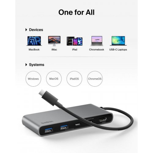 USB-хаб Belkin USB Type-C 7 in 1 (AVC023HQSGY) Space Gray купить в Украине: Киев, Днепр, Харьков, Одесса  | Низкая цена, отзывы, характеристики от TELEMART фото