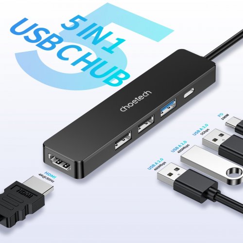 USB-хаб Choetech USB Type-C 5 in 1 (HUB-M80-BK) купить в Украине: Киев, Днепр, Харьков, Одесса  | Низкая цена, отзывы, характеристики от TELEMART фото
