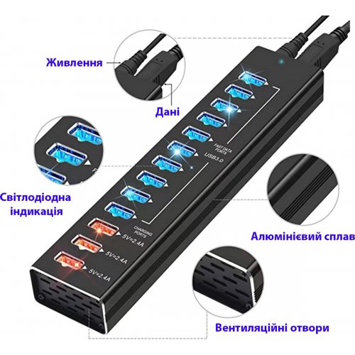 USB-хаб Dynamode USB 3.0 13 in 1 (DM-UH-P1013) Black купить в Украине: Киев, Днепр, Харьков, Одесса  | Низкая цена, отзывы, характеристики от TELEMART фото