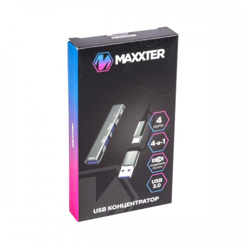 USB-хаб Maxxter USB Type-C 4 in 1 (HU3C-4P1CN-01) Grey купить в Украине: Киев, Днепр, Харьков, Одесса  | Низкая цена, отзывы, характеристики от TELEMART фото