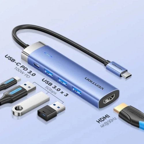 USB-хаб Vention USB Type-C 5 in 1 (TGESB) Blue купить в Украине: Киев, Днепр, Харьков, Одесса  | Низкая цена, отзывы, характеристики от TELEMART фото