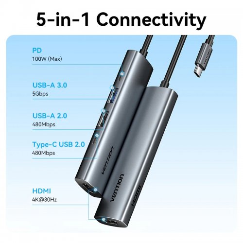 USB-хаб Vention USB Type-C 5 in 1 (TGLHB) Grey купити в Україні: Київ, Львів, Хмельницький, Тернопіль, Івано-Франківськ | Низька ціна, відгуки, характеристики від TELEMART фото