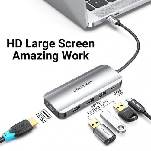 USB-хаб Vention USB Type-C 5 in 1 (THFHB) Silver купить в Украине: Киев, Днепр, Харьков, Одесса  | Низкая цена, отзывы, характеристики от TELEMART фото
