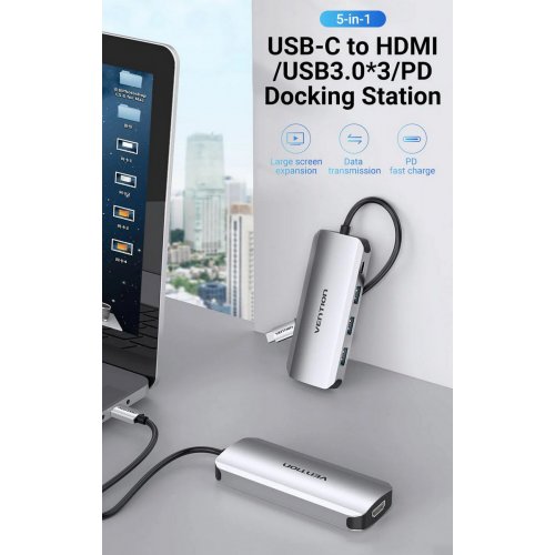 USB-хаб Vention USB Type-C 5 in 1 (THFHB) Silver купить в Украине: Киев, Днепр, Харьков, Одесса  | Низкая цена, отзывы, характеристики от TELEMART фото