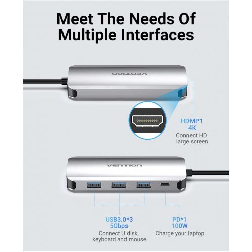 USB-хаб Vention USB Type-C 5 in 1 (THFHB) Silver купить в Украине: Киев, Днепр, Харьков, Одесса  | Низкая цена, отзывы, характеристики от TELEMART фото