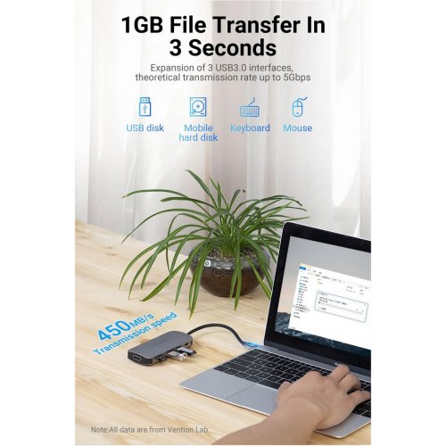 USB-хаб Vention USB Type-C 5 in 1 (THFHB) Silver купить в Украине: Киев, Днепр, Харьков, Одесса  | Низкая цена, отзывы, характеристики от TELEMART фото