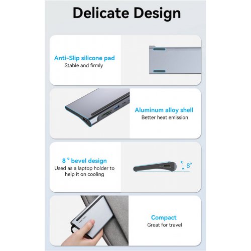 USB-хаб Vention USB Type-C 11 in 1 (THTHC) Silver купити в Україні: Київ, Львів, Хмельницький, Тернопіль, Івано-Франківськ | Низька ціна, відгуки, характеристики від TELEMART фото