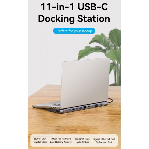 USB-хаб Vention USB Type-C 11 in 1 (THTHC) Silver купити в Україні: Київ, Львів, Хмельницький, Тернопіль, Івано-Франківськ | Низька ціна, відгуки, характеристики від TELEMART фото
