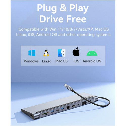 USB-хаб Vention USB Type-C 11 in 1 (THTHC) Silver купити в Україні: Київ, Львів, Хмельницький, Тернопіль, Івано-Франківськ | Низька ціна, відгуки, характеристики від TELEMART фото