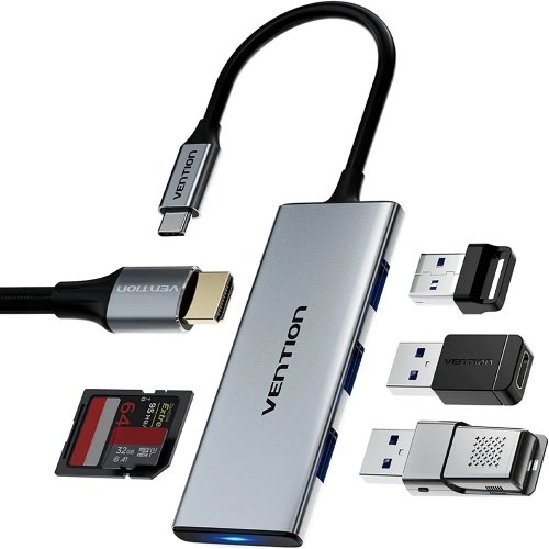 USB-хаб Vention USB Type-C 6 in 1 (TOOHB) Silver купить в Украине: Киев, Днепр, Харьков, Одесса  | Низкая цена, отзывы, характеристики от TELEMART фото