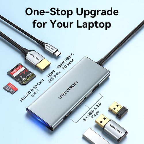 USB-хаб Vention USB Type-C 7 in 1 (TOPHB) Grey купить в Украине: Киев, Днепр, Харьков, Одесса  | Низкая цена, отзывы, характеристики от TELEMART фото