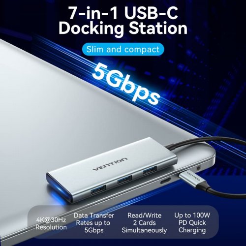 USB-хаб Vention USB Type-C 7 in 1 (TOPHB) Grey купить в Украине: Киев, Днепр, Харьков, Одесса  | Низкая цена, отзывы, характеристики от TELEMART фото