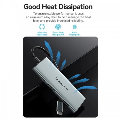 USB-хаб Vention USB Type-C 7 in 1 (TOPHB) Grey купить в Украине: Киев, Днепр, Харьков, Одесса  | Низкая цена, отзывы, характеристики от TELEMART фото