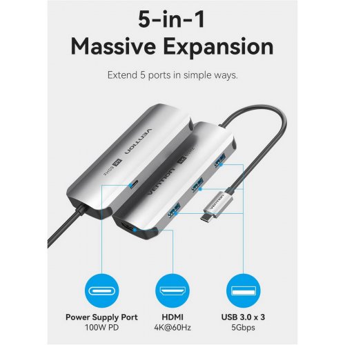 USB-хаб Vention USB Type-C 5 in 1 (TQDHB) Grey купить в Украине: Киев, Днепр, Харьков, Одесса  | Низкая цена, отзывы, характеристики от TELEMART фото