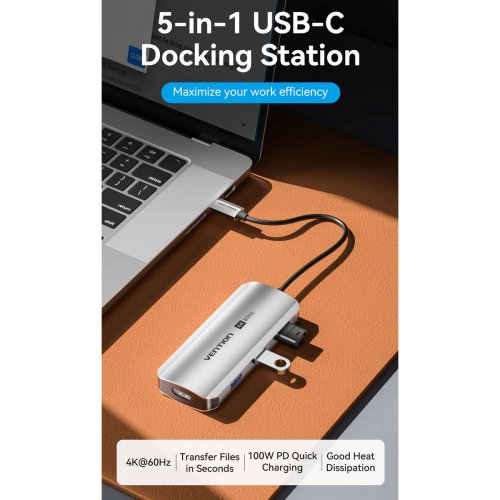 USB-хаб Vention USB Type-C 5 in 1 (TQDHB) Grey купить в Украине: Киев, Днепр, Харьков, Одесса  | Низкая цена, отзывы, характеристики от TELEMART фото