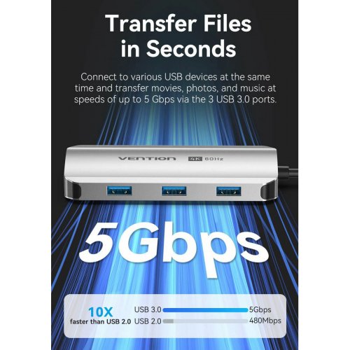 USB-хаб Vention USB Type-C 5 in 1 (TQDHB) Grey купить в Украине: Киев, Днепр, Харьков, Одесса  | Низкая цена, отзывы, характеристики от TELEMART фото