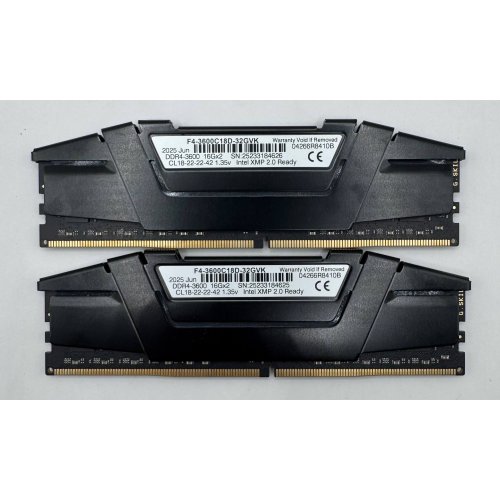 Озу G.Skill DDR4 32GB (2x16GB) 3600Mhz Ripjaws V Black (F4-3600C18D-32GVK) (Восстановлено продавцом, 877220) купить в Украине: Киев, Днепр, Харьков, Одесса  | Проверка совместимости, низкая цена, отзывы, характеристики от TELEMART фото