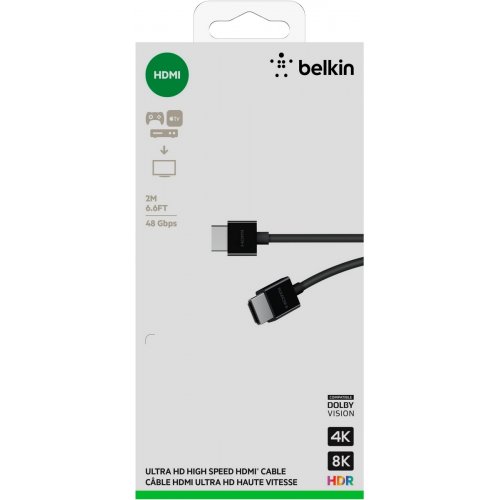 Кабель Belkin HDMI to HDMI V2.1 8K 2m (AV10175BT2MBKV2) Black купить в Украине: Киев, Днепр, Харьков, Одесса  | Низкая цена, отзывы, характеристики от TELEMART фото