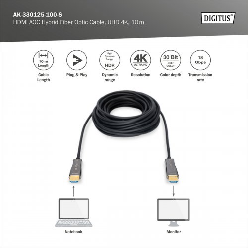 Кабель Digitus HDMI to HDMI AOC Hybrid-Fiber 4K 10m (AK-330125-100-S) Black купить в Украине: Киев, Днепр, Харьков, Одесса  | Низкая цена, отзывы, характеристики от TELEMART фото