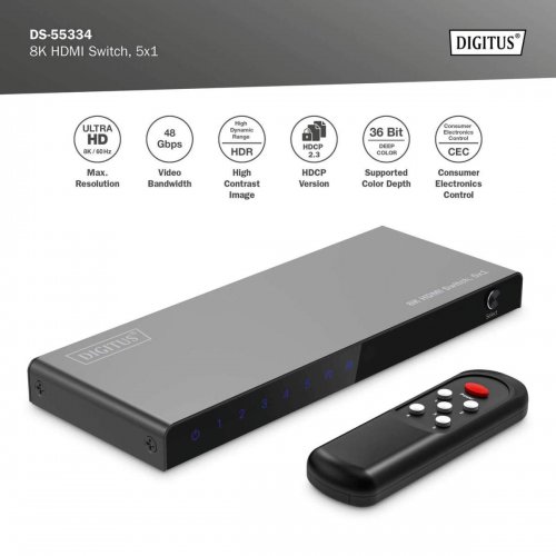 Видеокоммутатор Digitus HDMI Switch 5x1 8K (DS-55334) Black купить в Украине: Киев, Днепр, Харьков, Одесса  | Низкая цена, отзывы, характеристики от TELEMART фото