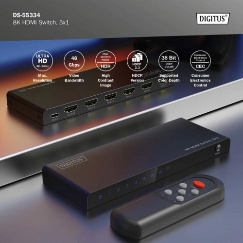 Видеокоммутатор Digitus HDMI Switch 5x1 8K (DS-55334) Black купить в Украине: Киев, Днепр, Харьков, Одесса  | Низкая цена, отзывы, характеристики от TELEMART фото