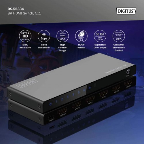 Видеокоммутатор Digitus HDMI Switch 5x1 8K (DS-55334) Black купить в Украине: Киев, Днепр, Харьков, Одесса  | Низкая цена, отзывы, характеристики от TELEMART фото