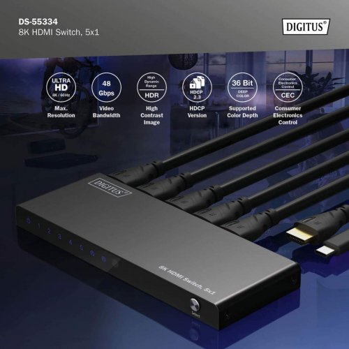 Видеокоммутатор Digitus HDMI Switch 5x1 8K (DS-55334) Black купить в Украине: Киев, Днепр, Харьков, Одесса  | Низкая цена, отзывы, характеристики от TELEMART фото