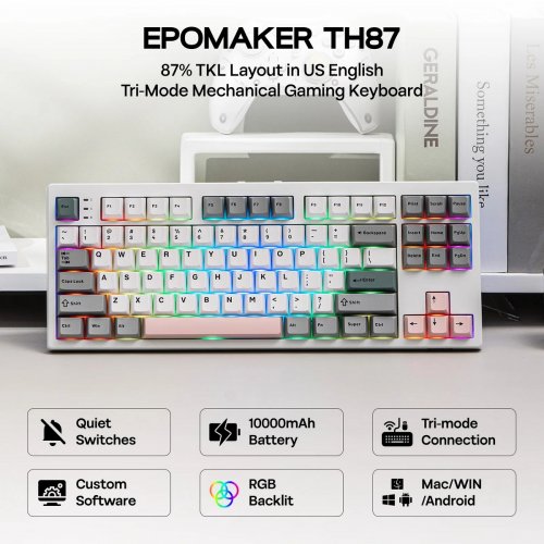 Клавіатура EPOMAKER ТН87 RGB Mechanical Sea Salt Silent Switch Wireless (TH87-WG-S-UA) White/Grey/Pink купити в Україні: Київ, Львів, Хмельницький, Тернопіль, Івано-Франківськ | Низька ціна, відгуки, характеристики від TELEMART фото