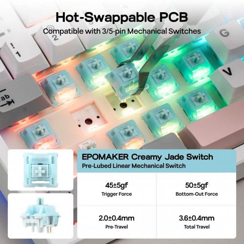 Клавіатура EPOMAKER ТН87 RGB Mechanical Sea Salt Silent Switch Wireless (TH87-WG-S-UA) White/Grey/Pink купити в Україні: Київ, Львів, Хмельницький, Тернопіль, Івано-Франківськ | Низька ціна, відгуки, характеристики від TELEMART фото