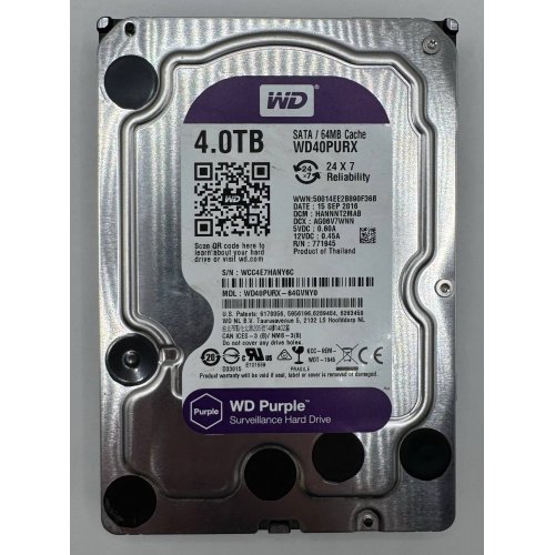 Жесткий диск Western Digital Purple 4TB 64MB 3.5" (WD40PURX) (Восстановлено продавцом, 877934) купить в Украине: Киев, Днепр, Харьков, Одесса  | Проверка совместимости, низкая цена, отзывы, характеристики от TELEMART фото