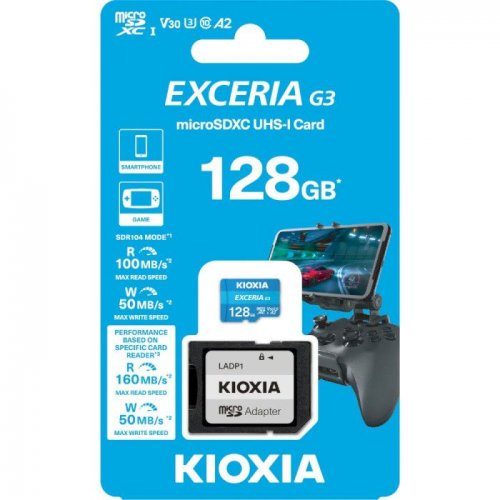 Карта пам'яті Kioxia microSDXC Exceria G3 128GB Class 10 UHS-I U3 A2 V30 (з адаптером) (LMEX3L128GG2) купити в Україні: Київ, Львів, Хмельницький, Тернопіль, Івано-Франківськ | Низька ціна, відгуки, характеристики від TELEMART фото