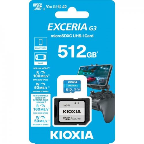 Карта пам'яті Kioxia microSDXC Exceria G3 512GB Class 10 UHS-I U3 A2 V30 (з адаптером) (LMEX3L512GG2) купити в Україні: Київ, Львів, Хмельницький, Тернопіль, Івано-Франківськ | Низька ціна, відгуки, характеристики від TELEMART фото