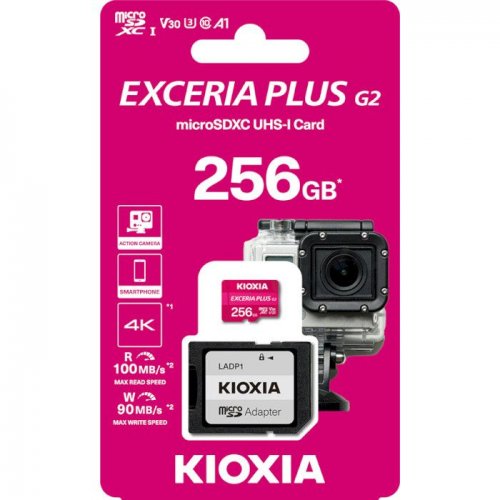 Карта памяти Kioxia microSDXC Exceria Plus G2 256GB Class 10 UHS-I U3 A1 V30 (LMPL2M256GG2) купить в Украине: Киев, Днепр, Харьков, Одесса  | Низкая цена, отзывы, характеристики от TELEMART фото