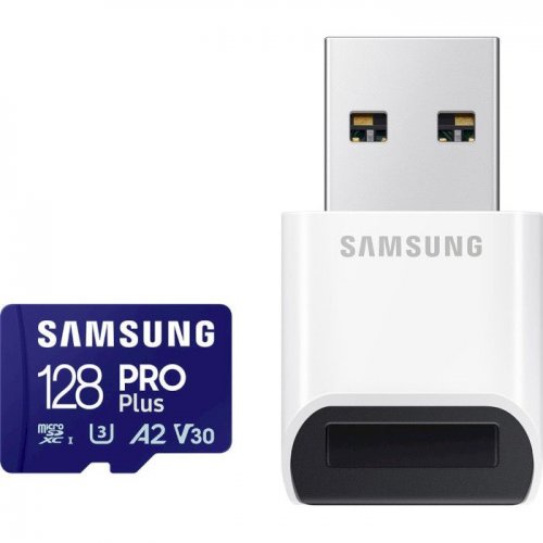 Карта пам'яті Samsung microSDXC Pro Plus 128GB Class 10 UHS-I U3 A2 V30 with Reader (MB-MD128SB/WW) купити в Україні: Київ, Львів, Хмельницький, Тернопіль, Івано-Франківськ | Низька ціна, відгуки, характеристики від TELEMART фото