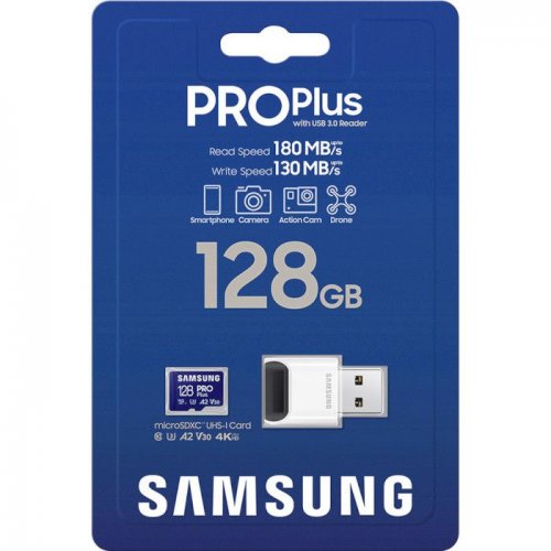 Карта пам'яті Samsung microSDXC Pro Plus 128GB Class 10 UHS-I U3 A2 V30 with Reader (MB-MD128SB/WW) купити в Україні: Київ, Львів, Хмельницький, Тернопіль, Івано-Франківськ | Низька ціна, відгуки, характеристики від TELEMART фото
