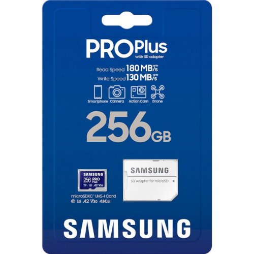 Карта пам'яті Samsung microSDXC Pro Plus 256GB Class 10 UHS-I U3 A2 V30 (з адаптером) (MB-MD256SA/EU) купити в Україні: Київ, Львів, Хмельницький, Тернопіль, Івано-Франківськ | Низька ціна, відгуки, характеристики від TELEMART фото