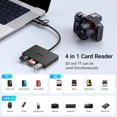 Кардридер Ugreen CM812 USB 3.0 4 in 1 (45167) Black купить в Украине: Киев, Днепр, Харьков, Одесса  | Низкая цена, отзывы, характеристики от TELEMART фото
