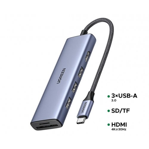 USB-хаб Ugreen CM511 USB Type-C 6 in 1 (20956A) Grey купить в Украине: Киев, Днепр, Харьков, Одесса  | Низкая цена, отзывы, характеристики от TELEMART фото