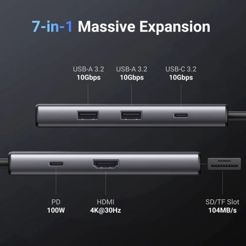 USB-хаб Ugreen CM498 USB Type-C 7 in 1 (15531) Grey купить в Украине: Киев, Днепр, Харьков, Одесса  | Низкая цена, отзывы, характеристики от TELEMART фото