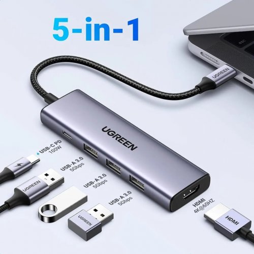 USB-хаб Ugreen CM511 USB Type-C 5 in 1 (15597) Grey купить в Украине: Киев, Днепр, Харьков, Одесса  | Низкая цена, отзывы, характеристики от TELEMART фото