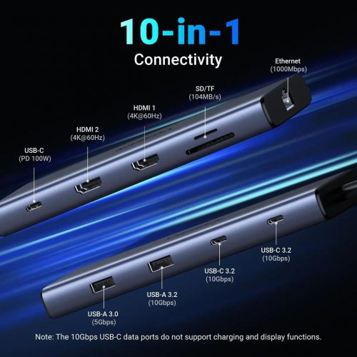 USB-хаб Ugreen CM639 USB Type-C 10 in 1 (45380) Grey купить в Украине: Киев, Днепр, Харьков, Одесса  | Низкая цена, отзывы, характеристики от TELEMART фото