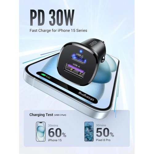 Автомобильное зарядное устройство Ugreen EC305 Super Mini USB + USB Type-C 30W (25845) Black купить в Украине: Киев, Днепр, Харьков, Одесса  | Низкая цена, отзывы, характеристики от TELEMART фото