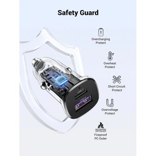 Автомобильное зарядное устройство Ugreen EC305 Super Mini USB + USB Type-C 30W (25845) Black купить в Украине: Киев, Днепр, Харьков, Одесса  | Низкая цена, отзывы, характеристики от TELEMART фото