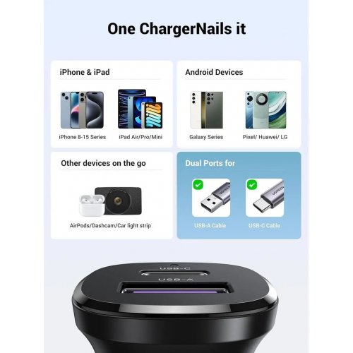 Автомобильное зарядное устройство Ugreen EC305 Super Mini USB + USB Type-C 30W (25845) Black купить в Украине: Киев, Днепр, Харьков, Одесса  | Низкая цена, отзывы, характеристики от TELEMART фото