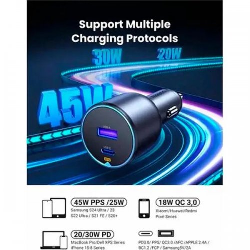 Автомобильное зарядное устройство Ugreen EC701 USB + USB Type-C 63W (35023) Gray купить в Украине: Киев, Днепр, Харьков, Одесса  | Низкая цена, отзывы, характеристики от TELEMART фото