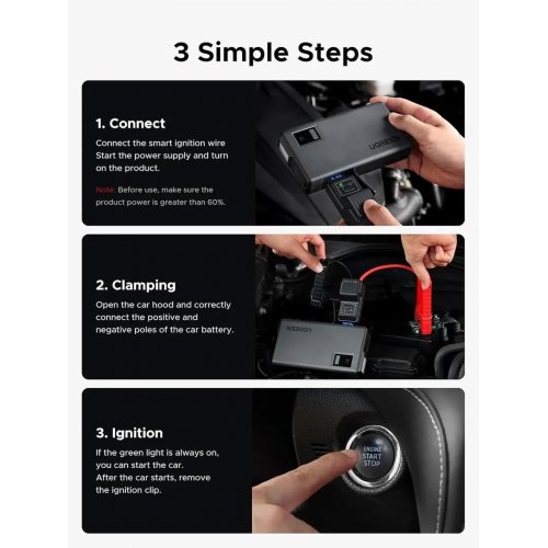 Пускозарядное автомобильное устройство Ugreen ES702 Starter Power Pack Car Battery Booster 12000mAh 1000A (35977) Black купить в Украине: Киев, Днепр, Харьков, Одесса  | Низкая цена, отзывы, характеристики от TELEMART фото