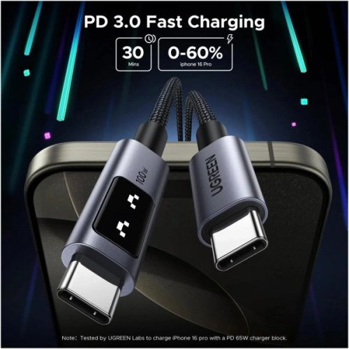 Кабель Ugreen L509 Uno USB Type-C to USB Type-C 100W 1m (35501) Black купити в Україні: Київ, Львів, Хмельницький, Тернопіль, Івано-Франківськ | Низька ціна, відгуки, характеристики від TELEMART фото
