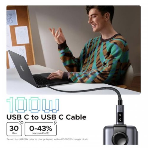 Кабель Ugreen L509 Uno USB Type-C to USB Type-C 100W 1m (35501) Black купити в Україні: Київ, Львів, Хмельницький, Тернопіль, Івано-Франківськ | Низька ціна, відгуки, характеристики від TELEMART фото