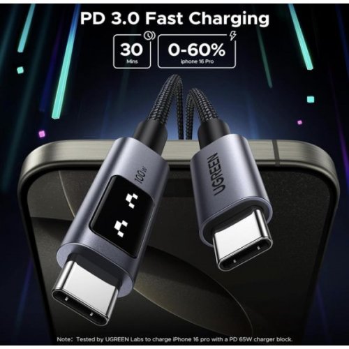 Кабель Ugreen L509 Uno USB Type-C to USB Type-C 100W 1m (35501) Black купити в Україні: Київ, Львів, Хмельницький, Тернопіль, Івано-Франківськ | Низька ціна, відгуки, характеристики від TELEMART фото